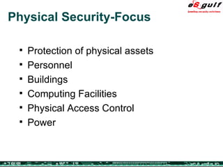 Physical Security-Focus Protection of physical assets Personnel Buildings Computing Facilities Physical Access Control Power 