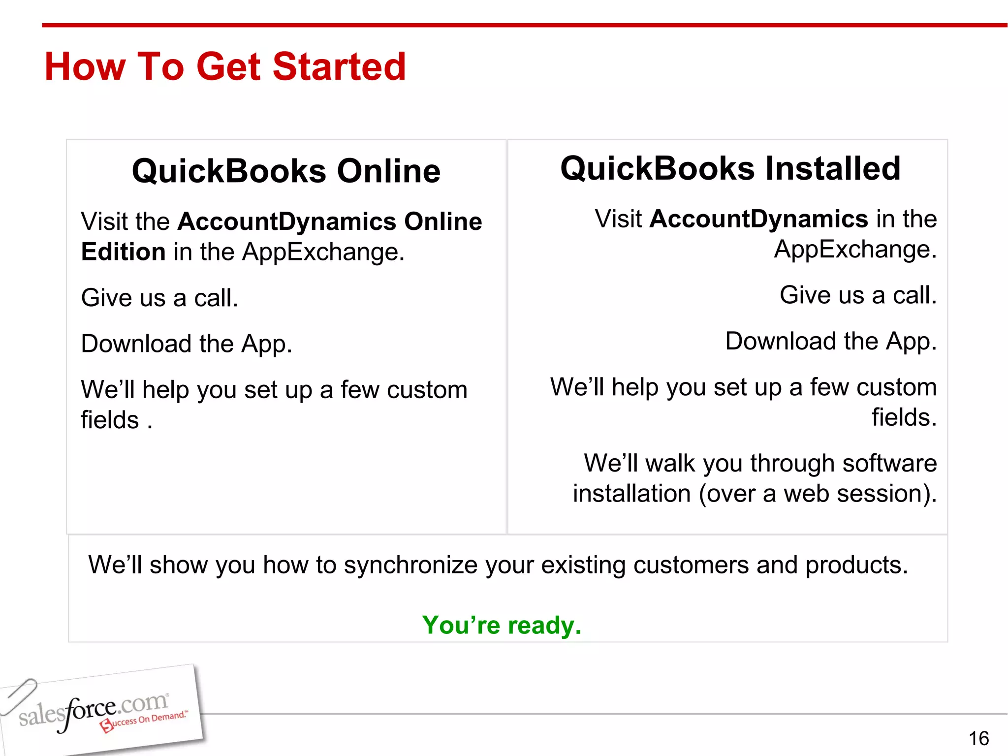 How To Get Started QuickBooks Online Visit the  AccountDynamics Online Edition  in the AppExchange. Give us a call. Download the App. We’ll help you set up a few custom fields . QuickBooks Installed Visit  AccountDynamics  in the AppExchange. Give us a call. Download the App. We’ll help you set up a few custom fields. We’ll walk you through software installation (over a web session). We’ll show you how to synchronize your existing customers and products.  You’re ready. 