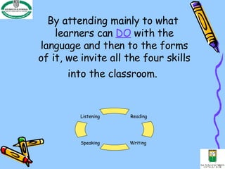 By attending mainly to what  learners can  DO   with the language and then to the forms of it, we invite all the four skills into the classroom.   Reading Writing  Listening Speaking 