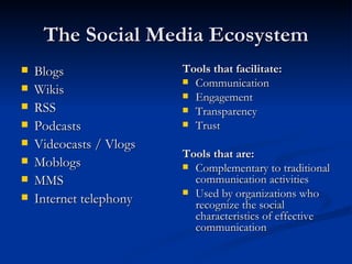The Social Media Ecosystem Blogs Wikis RSS Podcasts Videocasts / Vlogs Moblogs MMS Internet telephony Tools that facilitate: Communication Engagement Transparency Trust Tools that are: Complementary to traditional communication activities Used by organizations who recognize the social characteristics of effective communication 