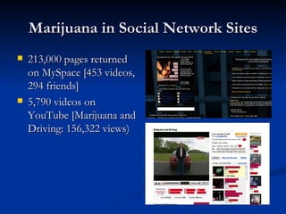 Marijuana in Social Network Sites 213,000 pages returned on MySpace [453 videos, 294 friends] 5,790 videos on YouTube [Marijuana and Driving: 156,322 views) 