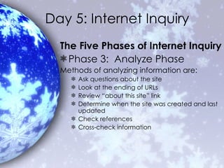 Day 5: Internet Inquiry The Five Phases of Internet Inquiry Phase 3:  Analyze Phase Methods of analyzing information are: Ask questions about the site Look at the ending of URLs Review “about this site” link Determine when the site was created and last updated Check references Cross-check information 