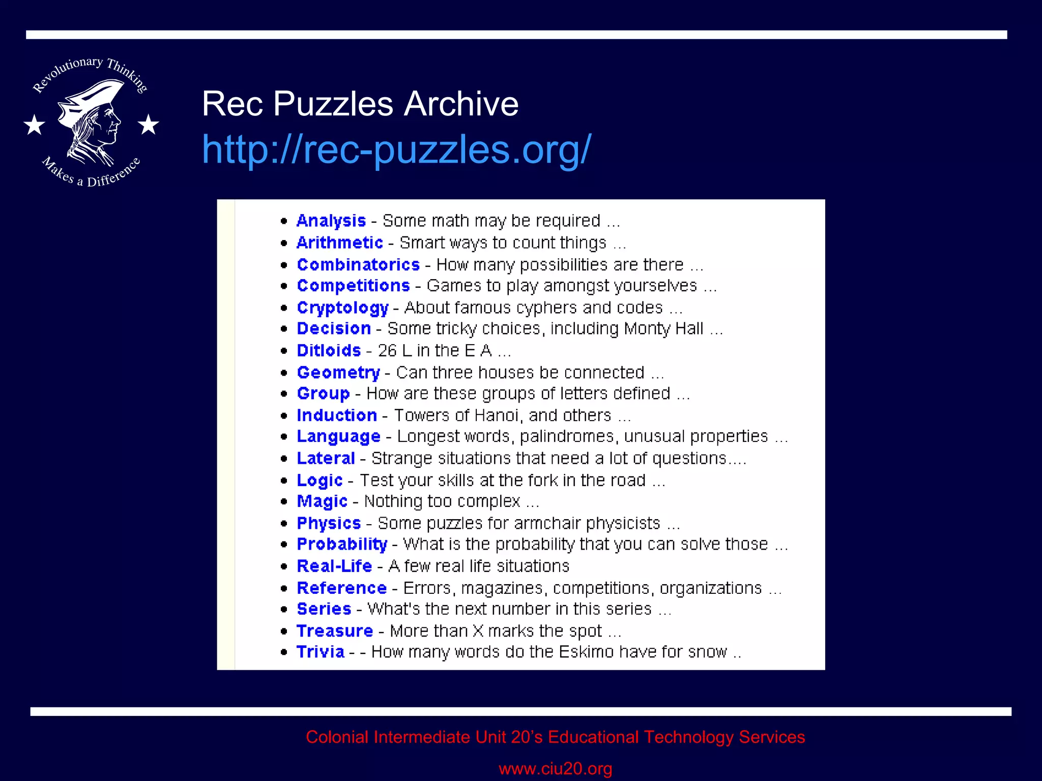 Rec Puzzles Archive http://rec-puzzles.org /   