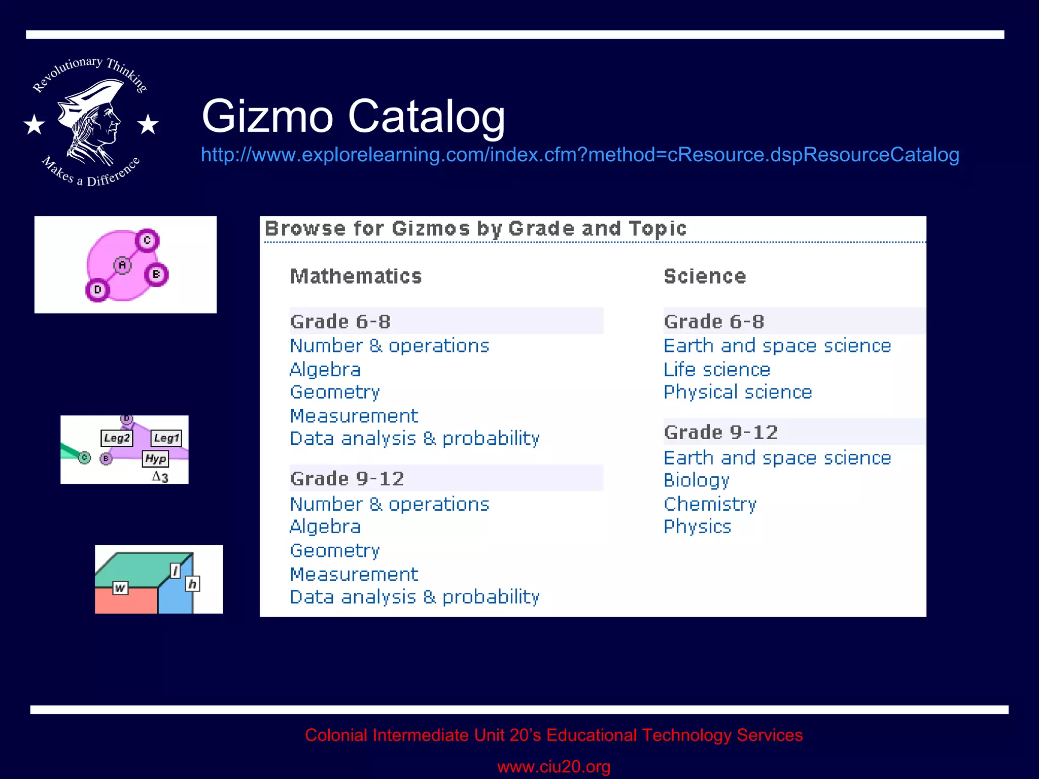 Gizmo Catalog http://www.explorelearning.com/index.cfm?method=cResource.dspResourceCatalog   