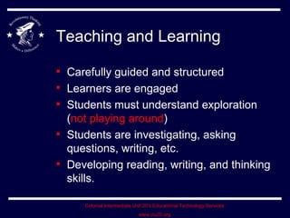 Teaching and Learning Carefully guided and structured Learners are engaged Students must understand exploration ( not playing around ) Students are investigating, asking questions, writing, etc. Developing reading, writing, and thinking skills. 