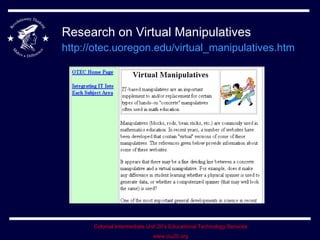 Research on Virtual Manipulatives  http://otec.uoregon.edu/virtual_manipulatives.htm   
