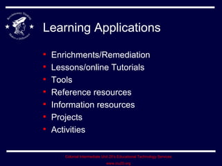 Learning Applications Enrichments/Remediation Lessons/online Tutorials Tools Reference resources Information resources Projects Activities 