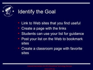 Identify the Goal Link to Web sites that you find useful Create a page with the links Students can use your list for guidance Post your list on the Web to bookmark sites Create a classroom page with favorite sites 