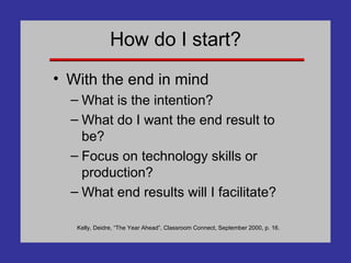 How do I start? With the end in mind What is the intention? What do I want the end result to be? Focus on technology skills or production? What end results will I facilitate? Kelly, Deidre, “The Year Ahead”, Classroom Connect, September 2000, p. 16. 