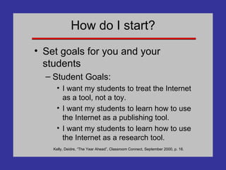 How do I start? Set goals for you and your students Student Goals: I want my students to treat the Internet as a tool, not a toy. I want my students to learn how to use the Internet as a publishing tool. I want my students to learn how to use the Internet as a research tool. Kelly, Deidre, “The Year Ahead”, Classroom Connect, September 2000, p. 16. 