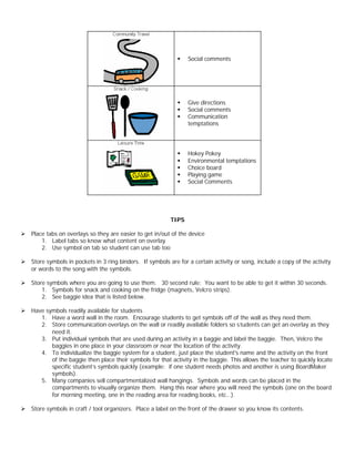 §   Social comments




                                                              §   Give directions
                                                              §   Social comments
                                                              §   Communication
                                                                  temptations




                                                              §   Hokey Pokey
                                                              §   Environmental temptations
                                                              §   Choice board
                                                              §   Playing game
                                                              §   Social Comments




                                                           TIPS

Ø Place tabs on overlays so they are easier to get in/out of the device
      1. Label tabs so know what content on overlay
      2. Use symbol on tab so student can use tab too

Ø Store symbols in pockets in 3 ring binders. If symbols are for a certain activity or song, include a copy of the activity
  or words to the song with the symbols.

Ø Store symbols where you are going to use them. 30 second rule: You want to be able to get it within 30 seconds.
      1. Symbols for snack and cooking on the fridge (magnets, Velcro strips).
      2. See baggie idea that is listed below.

Ø Have symbols readily available for students
     1. Have a word wall in the room. Encourage students to get symbols off of the wall as they need them.
     2. Store communication overlays on the wall or readily available folders so s tudents can get an overlay as they
         need it.
     3. Put individual symbols that are used during an activity in a baggie and label the baggie. Then, Velcro the
         baggies in one place in your classroom or near the location of the activity.
     4. To individualize the baggie system for a student, just place the student's name and the activity on the front
         of the baggie then place their symbols for that activity in the baggie. This allows the teacher to quickly locate
         specific student’s symbols quickly (example: if one student needs photos and another is using BoardMaker
         symbols).
     5. Many companies sell compartmentalized wall hangings. Symbols and words can be placed in the
         compartments to visually organize them. Hang this near where you will need the symbols (one on the board
         for morning meeting, one in the reading area for reading books, etc…).

Ø Store symbols in craft / tool organizers. Place a label on the front of the drawer so you know its contents.
 
