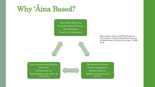 Why ?ina Based?
?ina Based Education
Cultural content & context
Place/language
Family and community
Educational Outcomes
Student engagement
Student behavior
Student achievement &
growth
Socio-emotional development
Self worth
Cultural identity
Relationships with ohana &
community
Kanaiaupuni, Shawn and Brand Ledward,
Umi Jensen. Cultural-Based Education and
Its Relationship to Student Outcomes. (KSBE
2010)
 