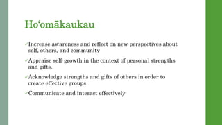 Hoomkaukau
?Increase awareness and reflect on new perspectives about
self, others, and community
?Appraise self-growth in the context of personal strengths
and gifts.
?Acknowledge strengths and gifts of others in order to
create effective groups
?Communicate and interact effectively
 