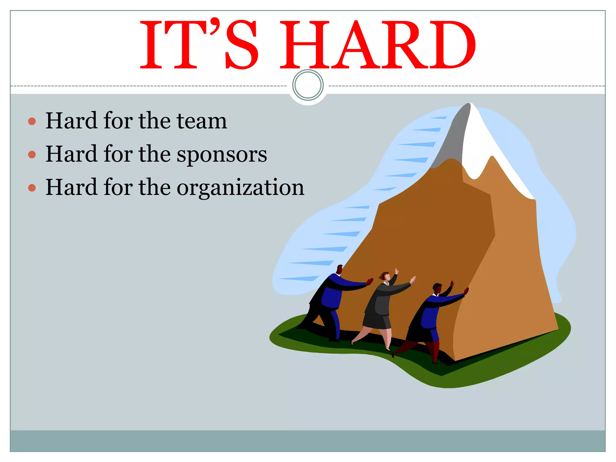 IT’S HARDHard for the teamHard for the sponsorsHard for the organization
