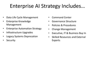 Enterprise AI Strategy Includes…
• Data Life Cycle Management
• Enterprise Knowledge
Management
• Enterprise Automation Strategy
• Infrastructure Upgrades
• Legacy Systems Deprecation
• Security
• Command Center
• Governance Structure
• Policies & Procedures
• Change Management
• Executive, IT & Business Buy In
• Skilled Resources and External
Experts
 