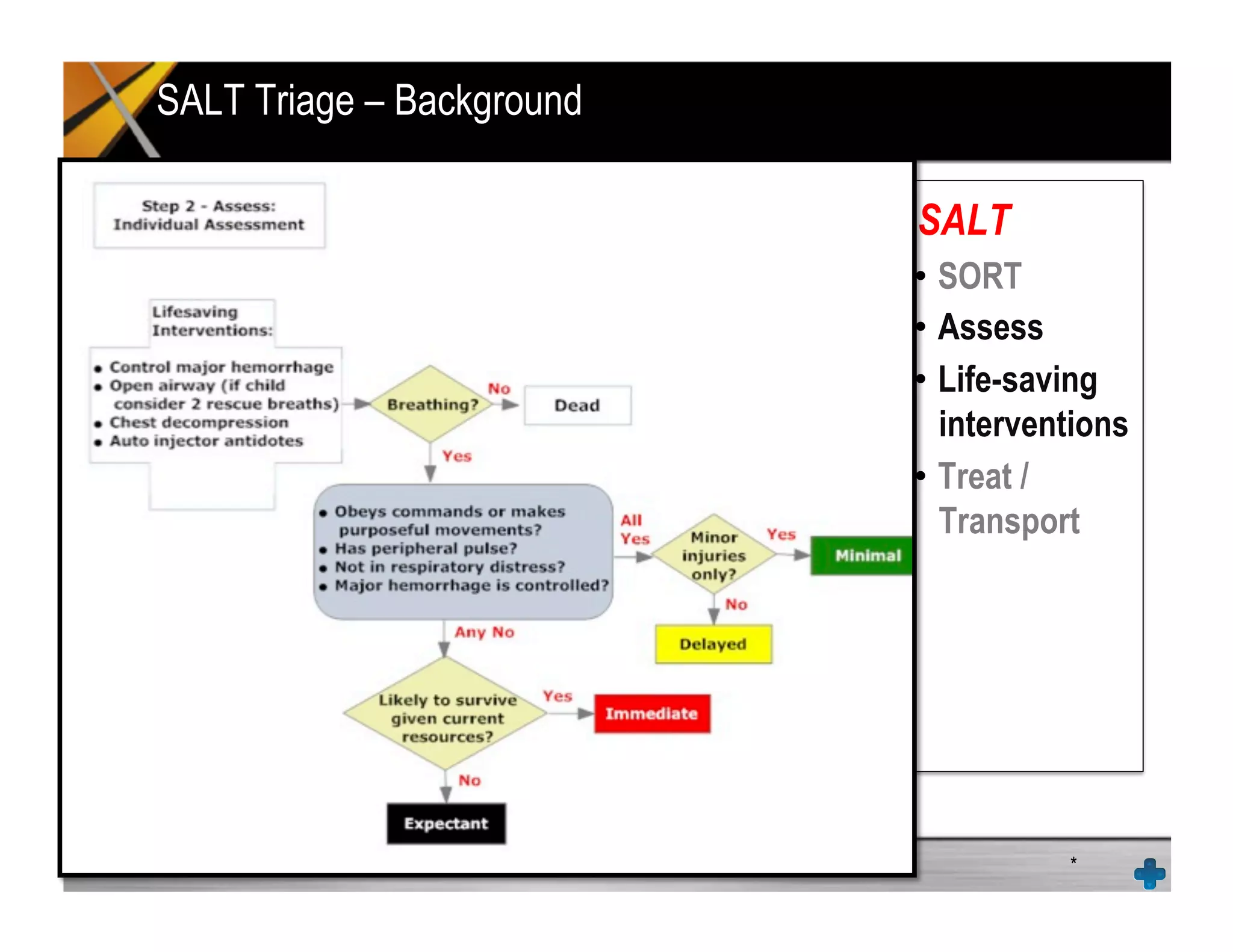 SALT Triage – Background
*
SALT
•  SORT
•  Assess
•  Life-saving
interventions
•  Treat /
Transport
 