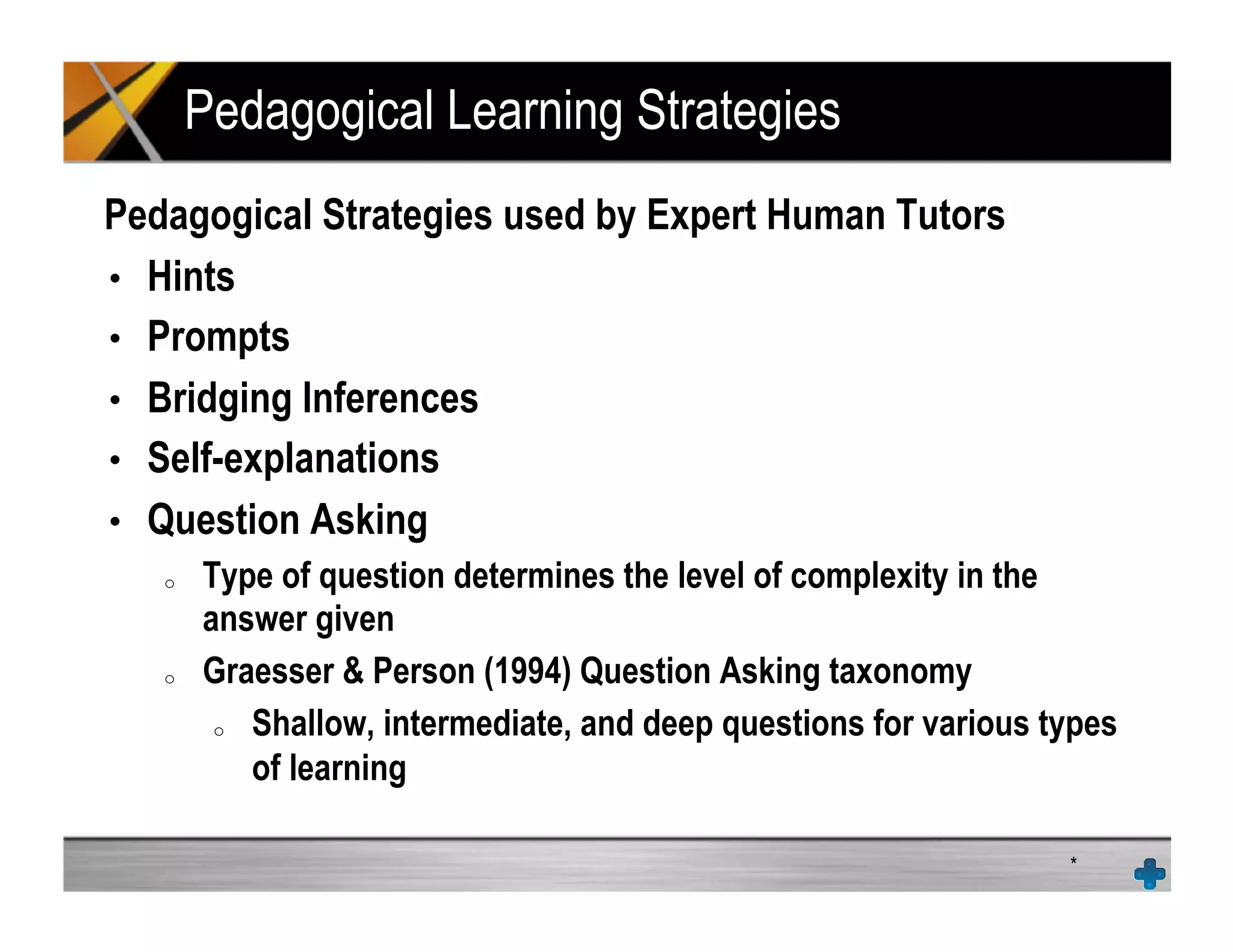Pedagogical Learning Strategies
Pedagogical Strategies used by Expert Human Tutors
•  Hints
•  Prompts
•  Bridging Inferences
•  Self-explanations
•  Question Asking
o  Type of question determines the level of complexity in the
answer given
o  Graesser & Person (1994) Question Asking taxonomy
o  Shallow, intermediate, and deep questions for various types
of learning
*
 