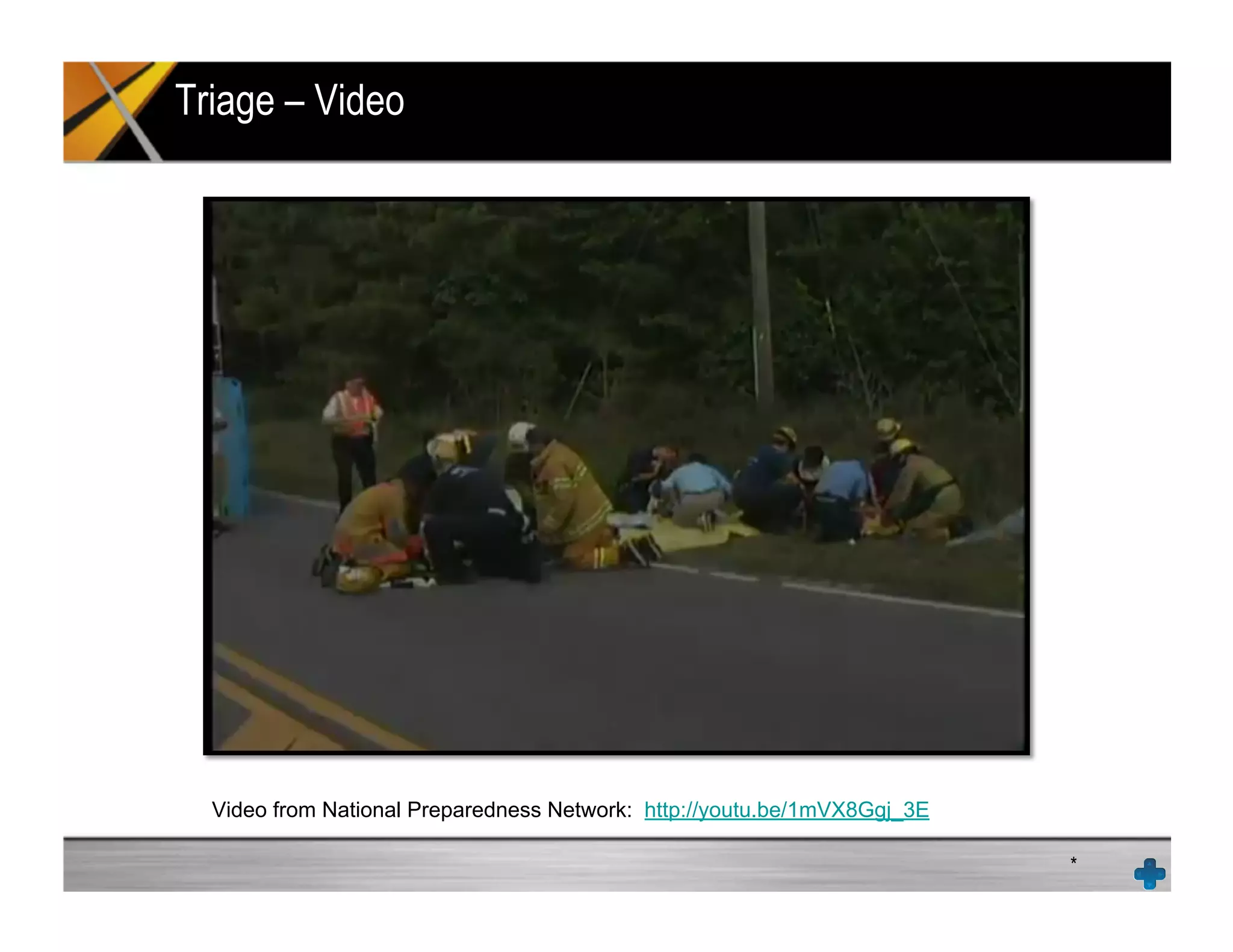Triage – Video
*
Video from National Preparedness Network: http://youtu.be/1mVX8Ggj_3E
 