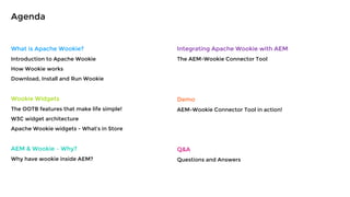 What is Apache Wookie?
Introduction to Apache Wookie
How Wookie works
Download, Install and Run Wookie
Wookie Widgets
The ...