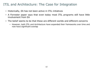 ITIL and Architecture: The Case for Integration 
• Historically, EA has not been active in ITIL initiatives 
• A Forrester paper says that even today most ITIL programs still have little 
involvement from EA 
• The belief seems to be that these are different worlds and different concerns 
• However, both ITIL and Architecture have expanded their frameworks over time and 
now have significant overlap 
12 
 
