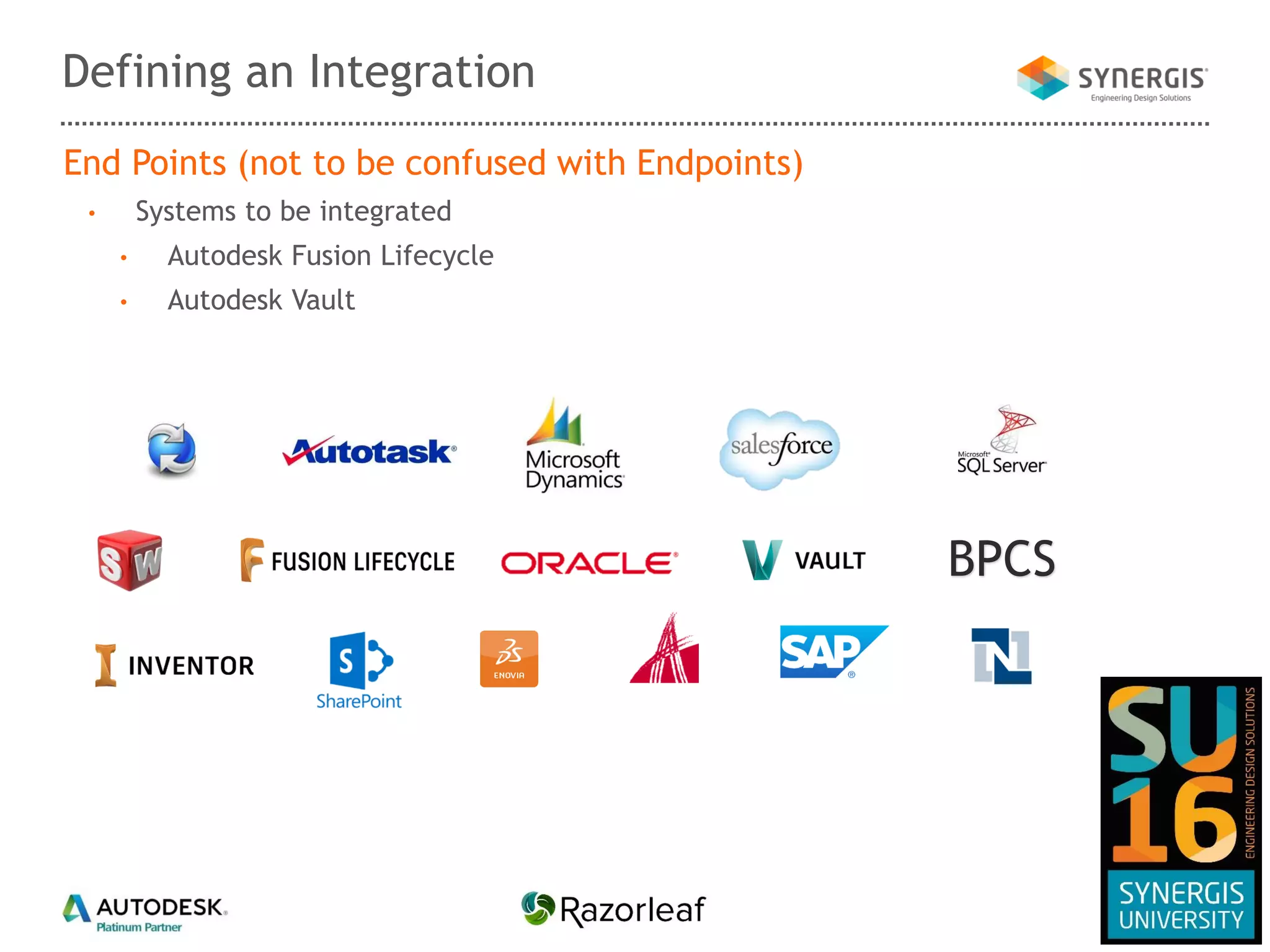 End Points (not to be confused with Endpoints)
• Systems to be integrated
• Autodesk Fusion Lifecycle
• Autodesk Vault
Defining an Integration
BPCS
 