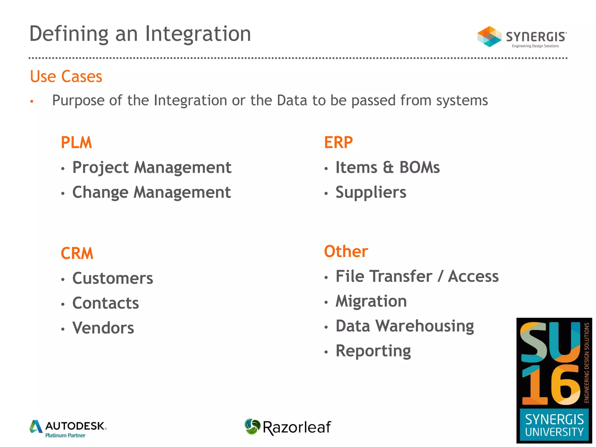 Use Cases
• Purpose of the Integration or the Data to be passed from systems
Defining an Integration
PLM
• Project Management
• Change Management
CRM
• Customers
• Contacts
• Vendors
ERP
• Items & BOMs
• Suppliers
Other
• File Transfer / Access
• Migration
• Data Warehousing
• Reporting
 
