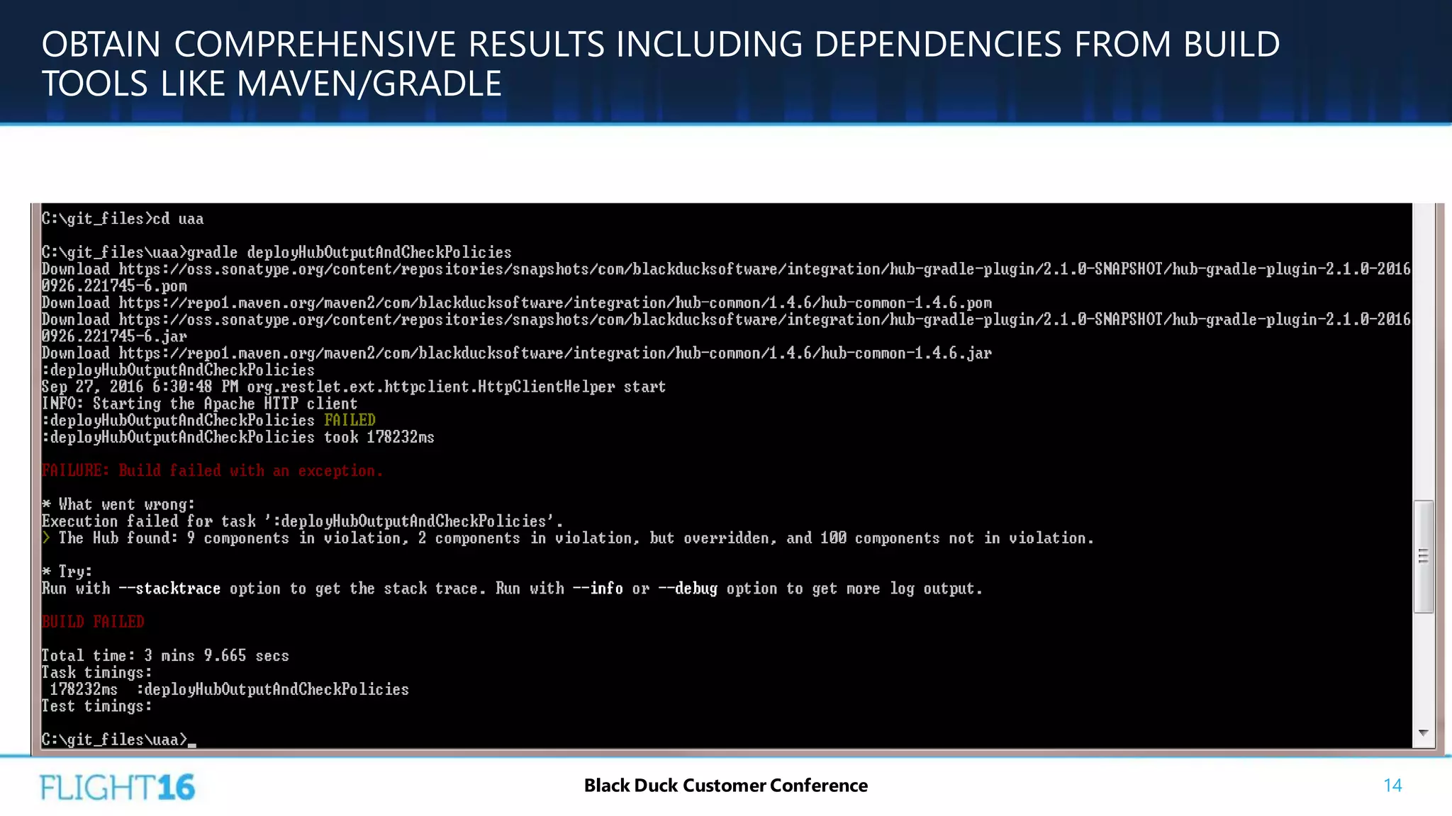 OBTAIN COMPREHENSIVE RESULTS INCLUDING DEPENDENCIES FROM BUILD
TOOLS LIKE MAVEN/GRADLE
14Black Duck Customer Conference
 