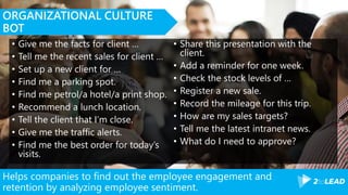 Helps companies to find out the employee engagement and
retention by analyzing employee sentiment.
ORGANIZATIONAL CULTURE
BOT
• Give me the facts for client …
• Tell me the recent sales for client …
• Set up a new client for …
• Find me a parking spot.
• Find me petrol/a hotel/a print shop.
• Recommend a lunch location.
• Tell the client that I’m close.
• Give me the traffic alerts.
• Find me the best order for today’s
visits.
• Share this presentation with the
client.
• Add a reminder for one week.
• Check the stock levels of …
• Register a new sale.
• Record the mileage for this trip.
• How are my sales targets?
• Tell me the latest intranet news.
• What do I need to approve?
 