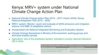 Kenya: MRV+ system under National
Climate Change Action Plan
■ National Climate Change Action Plan 2013 – 2017 (Vision 2030); Kenya
National Adaptation Plan 2015 – 2030
■ MRV+ system: Monitor, report and evaluate of GHG emissions and mitigation
actions; and M&E of adaptation actions
■ Incorporated into National Integrated Monitoring and Evaluation System
■ Climate Change Secretariat in Ministry of Environment; working groups and
technical analysis groups
■ Agriculture: one of the prioritised sectors; included in priority national indicators
(20 in total)
Top-down institutional adaptive capacity for
national to county level
Bottom-up reduction in vulnerability from
county to national level
E.g. % of poor farmers and fishermen with
access to credit facilities or grants
e.g. Nr of ha´s of productive land lost to soil
erosion
 