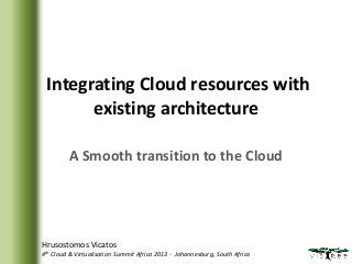 Integrating Cloud resources with
existing architecture
A Smooth transition to the Cloud

Hrusostomos Vicatos
4th Cloud & Virtualisation Summit Africa 2013 - Johannesburg, South Africa

 