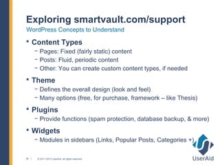 Exploring smartvault.com/support
WordPress Concepts to Understand
 Content Types
     − Pages: Fixed (fairly static) content
     − Posts: Fluid, periodic content
     − Other: You can create custom content types, if needed
 Theme
     − Defines the overall design (look and feel)
     − Many options (free, for purchase, framework – like Thesis)
 Plugins
     − Provide functions (spam protection, database backup, & more)
 Widgets
     − Modules in sidebars (Links, Popular Posts, Categories +)

26    © 2011-2013 UserAid, all rights reserved.
 