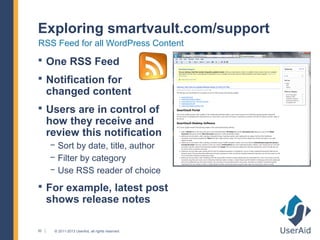 Exploring smartvault.com/support
RSS Feed for all WordPress Content
 One RSS Feed
 Notification for
     changed content
 Users are in control of
     how they receive and
     review this notification
     − Sort by date, title, author
     − Filter by category
     − Use RSS reader of choice
 For example, latest post
     shows release notes

30    © 2011-2013 UserAid, all rights reserved.
 