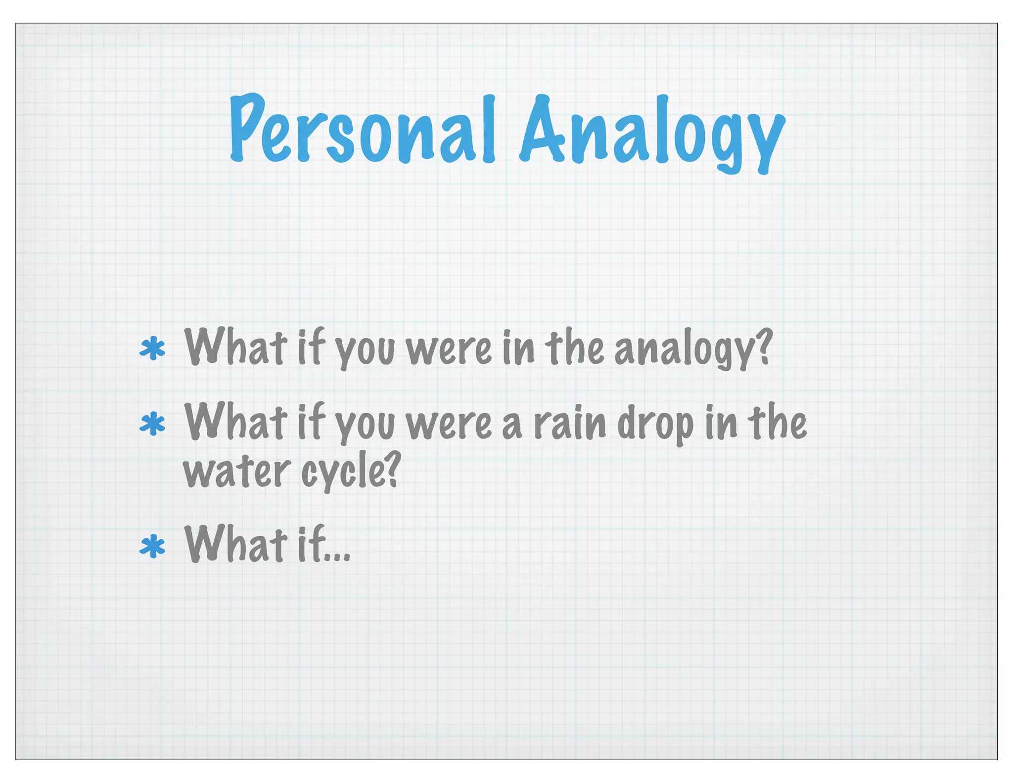 Personal Analogy
What if you were in the analogy?
What if you were a rain drop in the
water cycle?
What if...
 