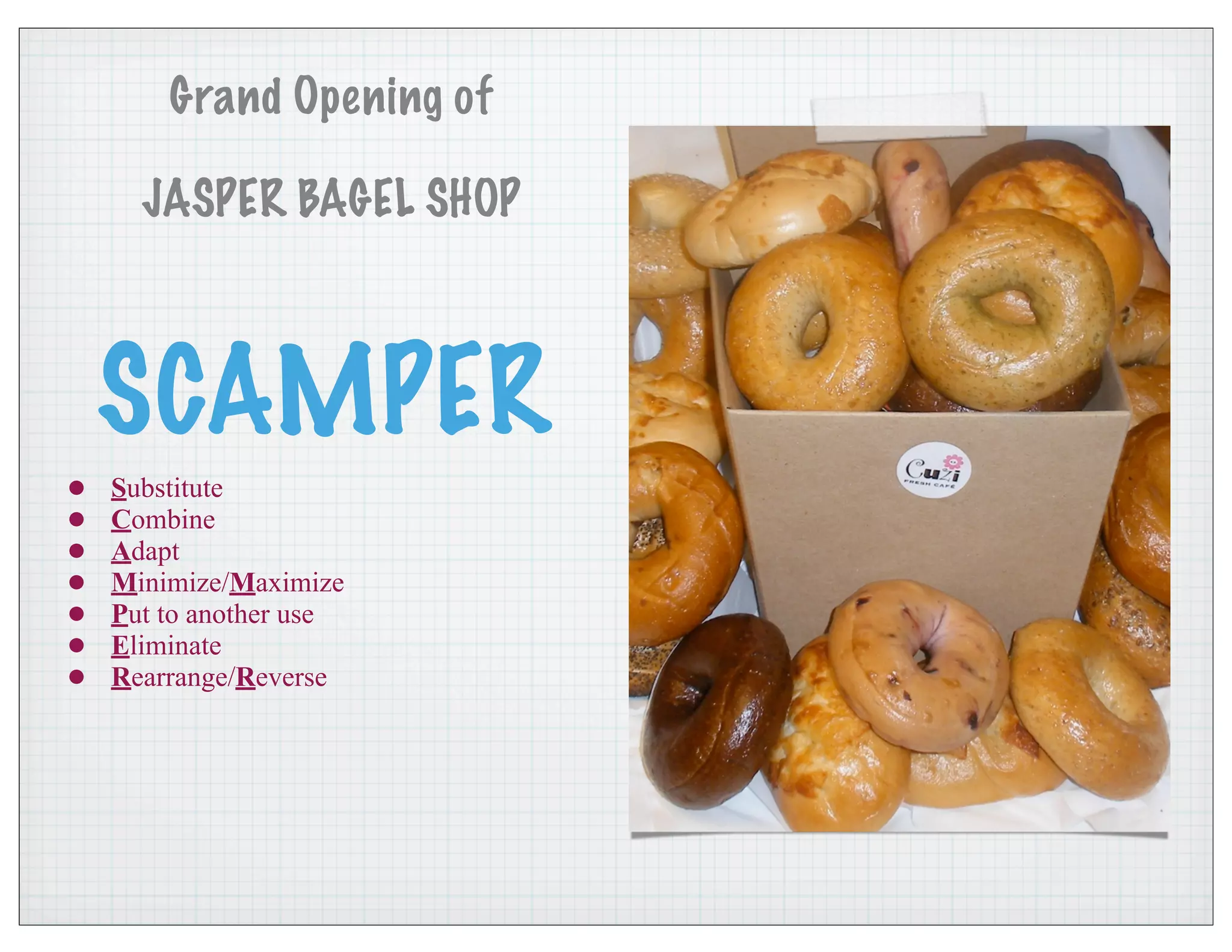 SCAMPER
• Substitute
• Combine
• Adapt
• Minimize/Maximize
• Put to another use
• Eliminate
• Rearrange/Reverse
Grand Opening of
JASPER BAGEL SHOP
 