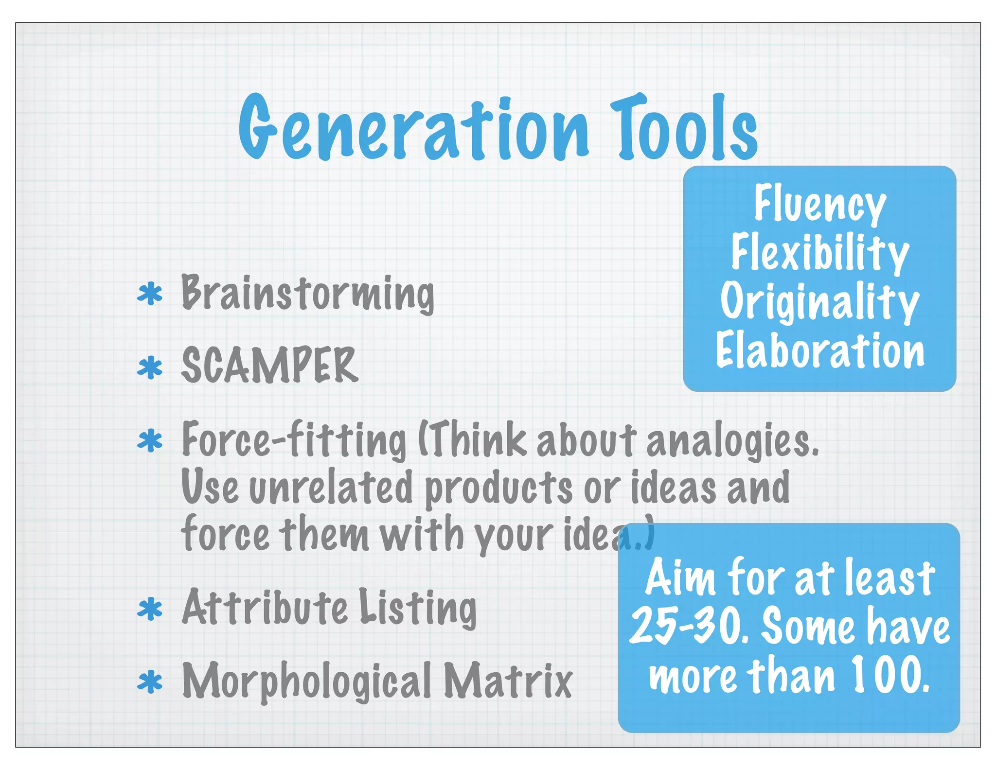 Generation Tools
Brainstorming
SCAMPER
Force-fitting (Think about analogies.
Use unrelated products or ideas and
force them with your idea.)
Attribute Listing
Morphological Matrix
Fluency
Flexibility
Originality
Elaboration
Aim for at least
25-30. Some have
more than 100.
 