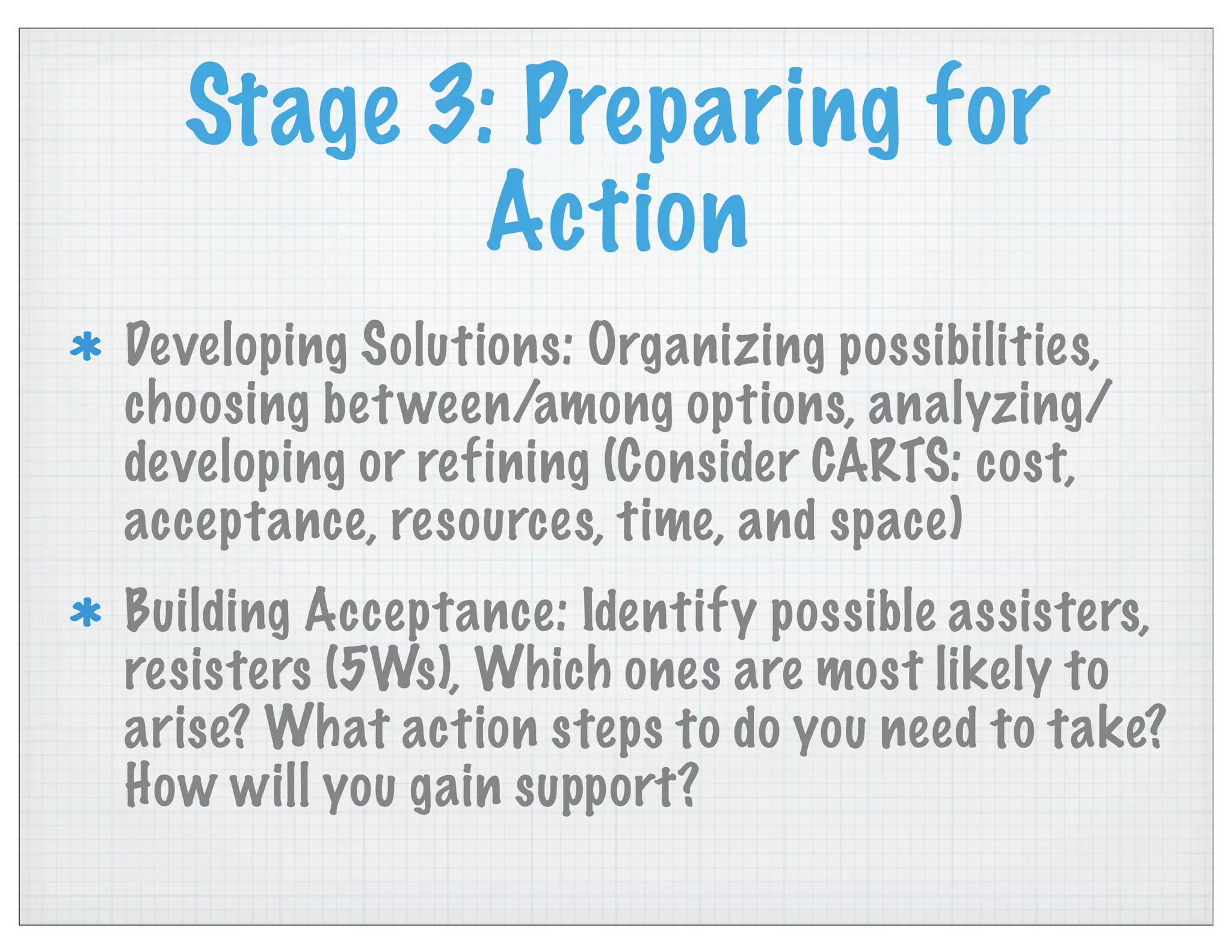 Stage 3: Preparing for
Action
Developing Solutions: Organizing possibilities,
choosing between/among options, analyzing/
developing or refining (Consider CARTS: cost,
acceptance, resources, time, and space)
Building Acceptance: Identify possible assisters,
resisters (5Ws), Which ones are most likely to
arise? What action steps to do you need to take?
How will you gain support?
 