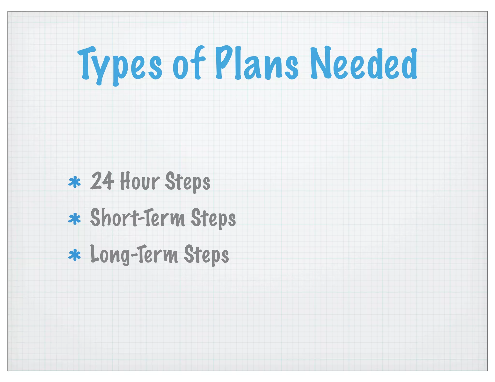 Types of Plans Needed
24 Hour Steps
Short-Term Steps
Long-Term Steps
 