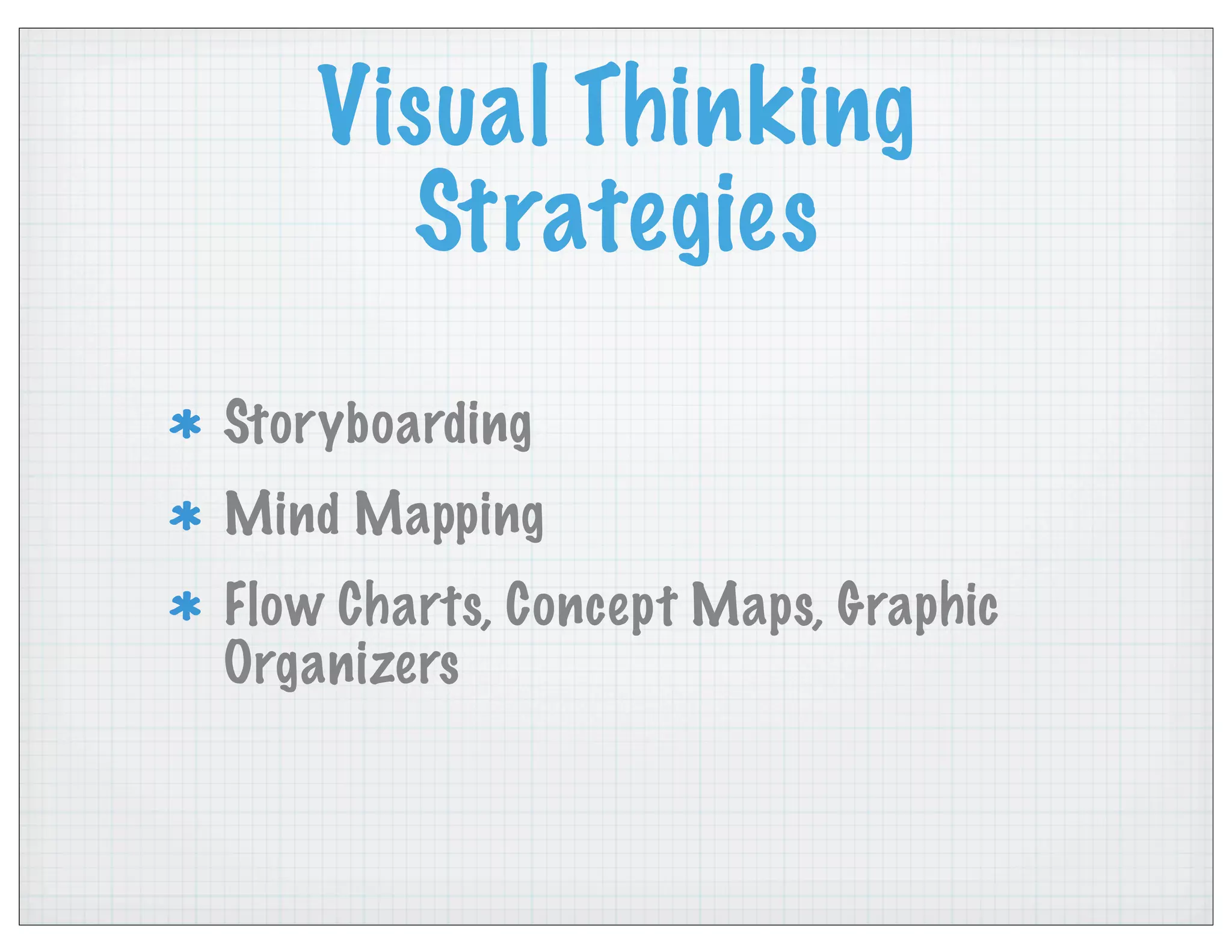 Visual Thinking
Strategies
Storyboarding
Mind Mapping
Flow Charts, Concept Maps, Graphic
Organizers
 