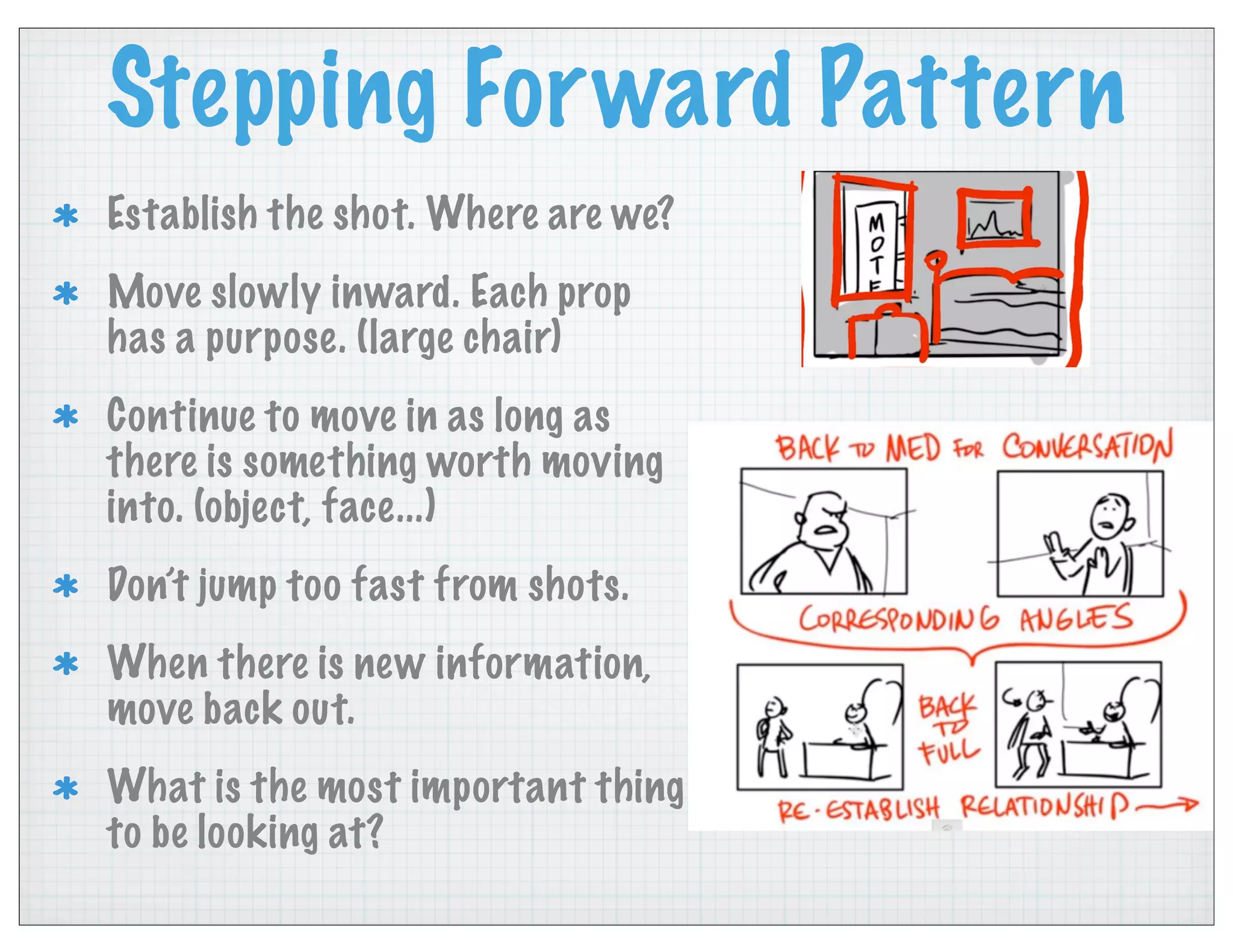 Stepping Forward Pattern
Establish the shot. Where are we?
Move slowly inward. Each prop
has a purpose. (large chair)
Continue to move in as long as
there is something worth moving
into. (object, face...)
Don’t jump too fast from shots.
When there is new information,
move back out.
What is the most important thing
to be looking at?
 