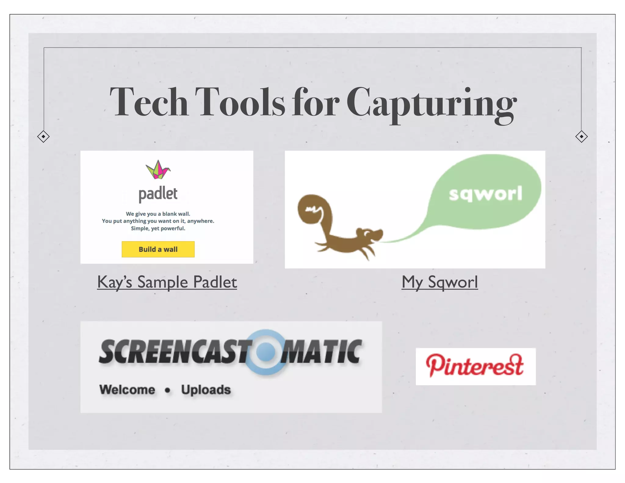 Tech Tools for Capturing
Kay’s Sample Padlet My Sqworl
 