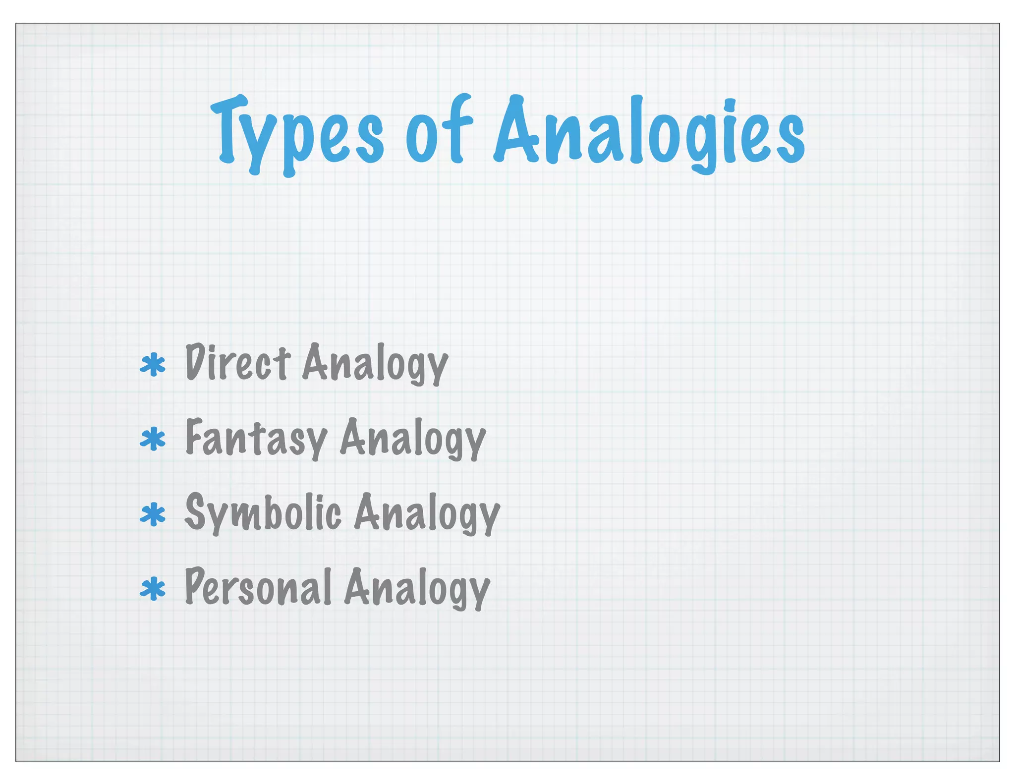 Types of Analogies
Direct Analogy
Fantasy Analogy
Symbolic Analogy
Personal Analogy
 