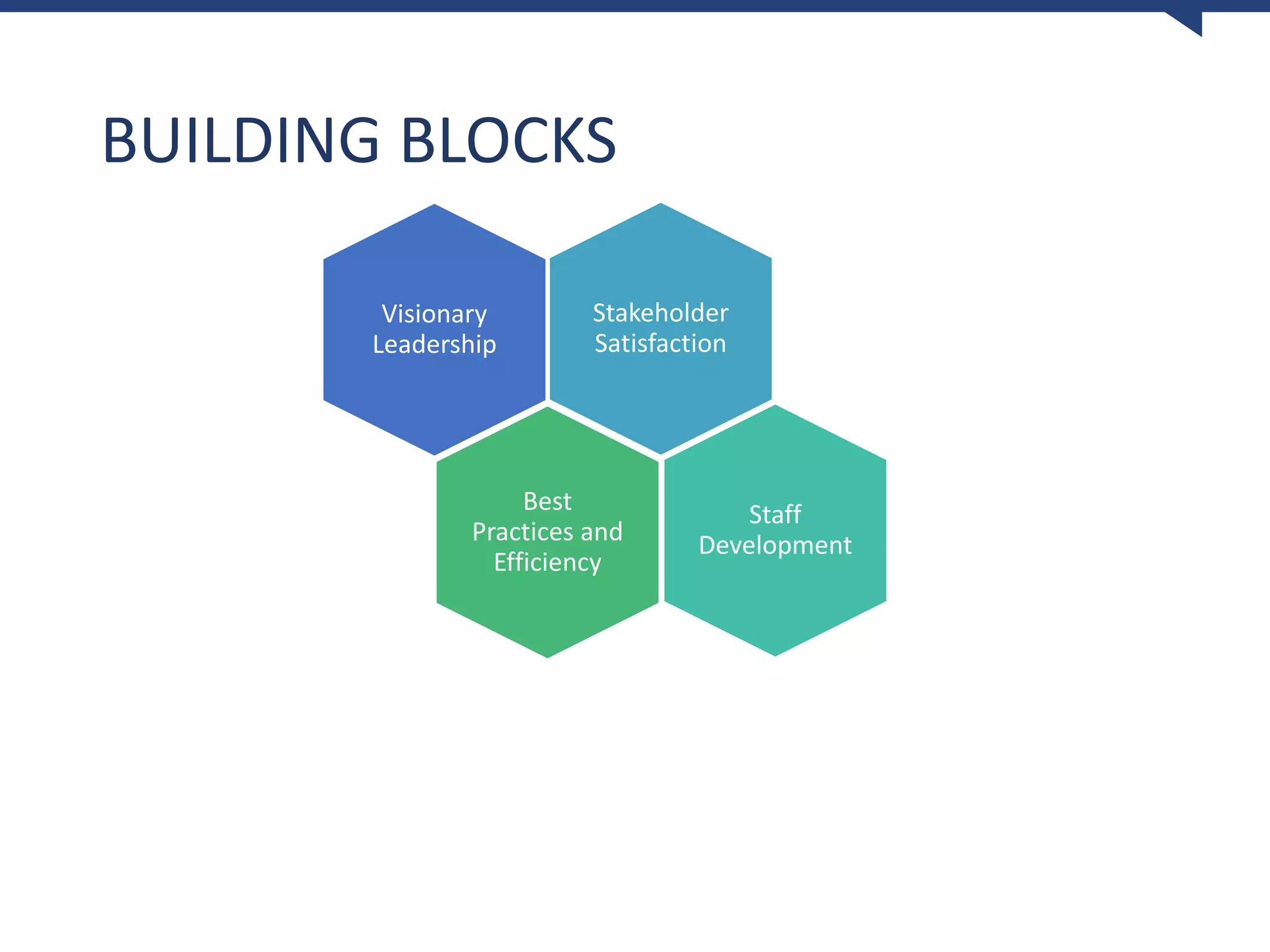 BUILDING BLOCKS
Visionary
Leadership
Stakeholder
Satisfaction
Staff
Development
Best
Practices and
Efficiency
 