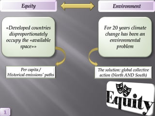 «Developed countries             For 20 years climate
 disproportionately              change has been an
occupy the «available              environmental
      space»»                          problem



        Per capita /          The solution: global collective
Historical emissions’ paths    action (North AND South)
 