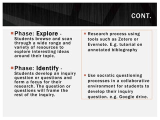 Phase: Explore -
Students browse and scan
through a wide range and
variety of resources to
explore interesting ideas
around their topic.
Phase: Identify -
Students develop an inquiry
question or questions and
form a focus for their
research. The question or
questions will frame the
rest of the inquiry.
 Research process using
tools such as Zotero or
Evernote. E.g. tutorial on
annotated biblography
 Use socratic questioning
processes in a collaborative
environment for students to
develop their inquiry
question. e.g. Google drive.
CONT.
 