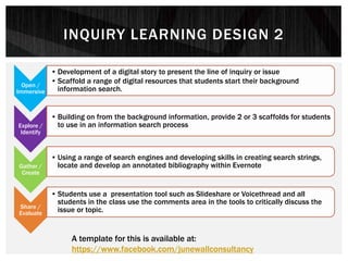 Open /
Immersive
• Development of a digital story to present the line of inquiry or issue
• Scaffold a range of digital resources that students start their background
information search.
Explore /
Identify
• Building on from the background information, provide 2 or 3 scaffolds for students
to use in an information search process
Gather /
Create
• Using a range of search engines and developing skills in creating search strings,
locate and develop an annotated bibliography within Evernote
Share /
Evaluate
• Students use a presentation tool such as Slideshare or Voicethread and all
students in the class use the comments area in the tools to critically discuss the
issue or topic.
INQUIRY LEARNING DESIGN 2
A template for this is available at:
https://www.facebook.com/junewallconsultancy
 
