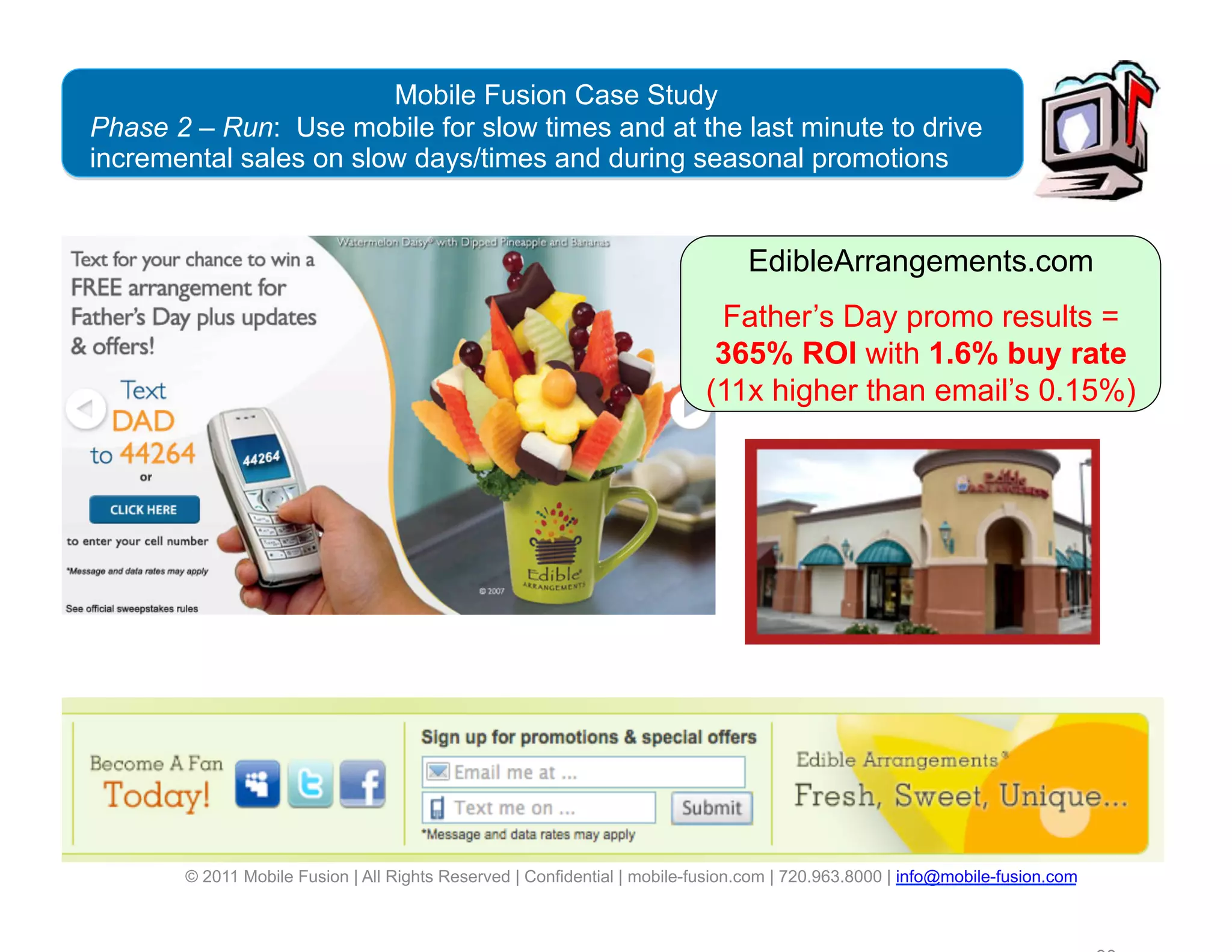 Mobile Fusion Case Study
Phase 2 – Run: Use mobile for slow times and at the last minute to drive
incremental sales on slow days/times and during seasonal promotions


                                                                                EdibleArrangements.com
                                                                            Father’s Day promo results =
                                                                            365% ROI with 1.6% buy rate
                                                                           (11x higher than email’s 0.15%)




                                                                                                                               30
       © 2011 Mobile Fusion | All Rights Reserved | Confidential | mobile-fusion.com | 720.963.8000 | info@mobile-fusion.com
 