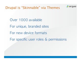 Drupal is “Skinnable” via Themes


          	          	                   
     	              	               	                
     	         	          	                     
     	              	          	             	  	        
 