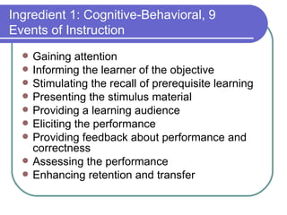 Ingredient 1: Cognitive-Behavioral, 9 Events of Instruction Gaining attention Informing the learner of the objective Stimulating the recall of prerequisite learning Presenting the stimulus material Providing a learning audience Eliciting the performance Providing feedback about performance and correctness Assessing the performance Enhancing retention and transfer 