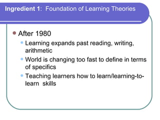 After 1980 Learning expands past reading, writing, arithmetic World is changing too fast to define in terms of specifics Teaching learners how to learn/learning-to-learn  skills Ingredient 1 :  Foundation of Learning Theories 
