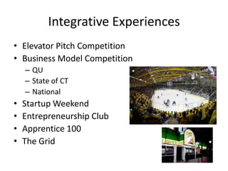 Integrative Experiences
• Elevator Pitch Competition
• Business Model Competition
– QU
– State of CT
– National
• Startup Weekend
• Entrepreneurship Club
• Apprentice 100
• The Grid